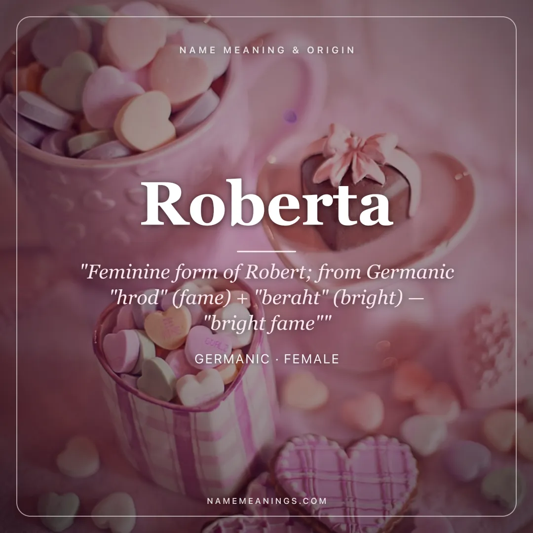 Roberta name meaning "Feminine form of Robert; from Germanic "hrod" (fame) + "beraht" (bright) — "bright fame"" - Germanic female name share card | NameMeanings