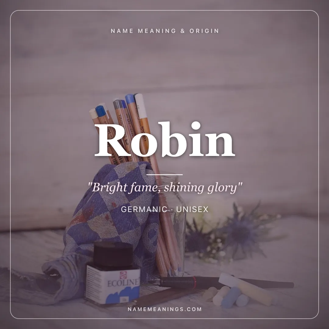 Robin name meaning "Bright fame, shining glory" - Germanic, English unisex name share card | NameMeanings