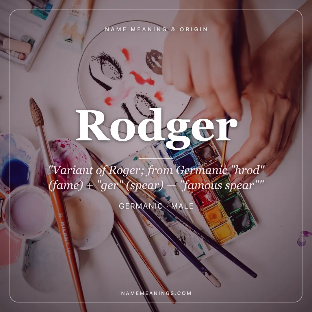 Rodger name meaning "Variant of Roger; from Germanic "hrod" (fame) + "ger" (spear) — "famous spear"" - Germanic male name share card | NameMeanings