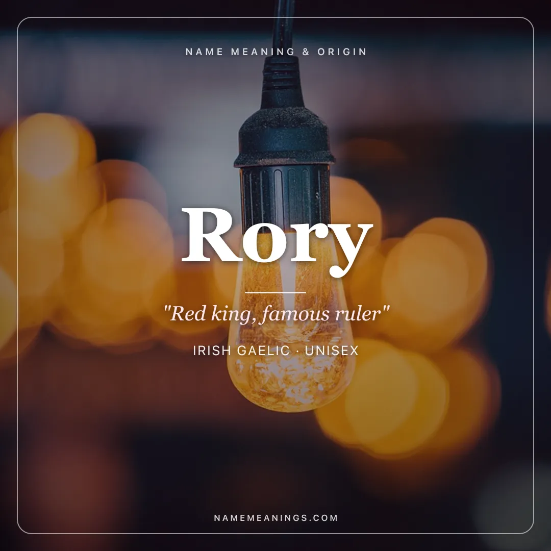 Rory name meaning "Red king, famous ruler" - Irish Gaelic unisex name share card | NameMeanings