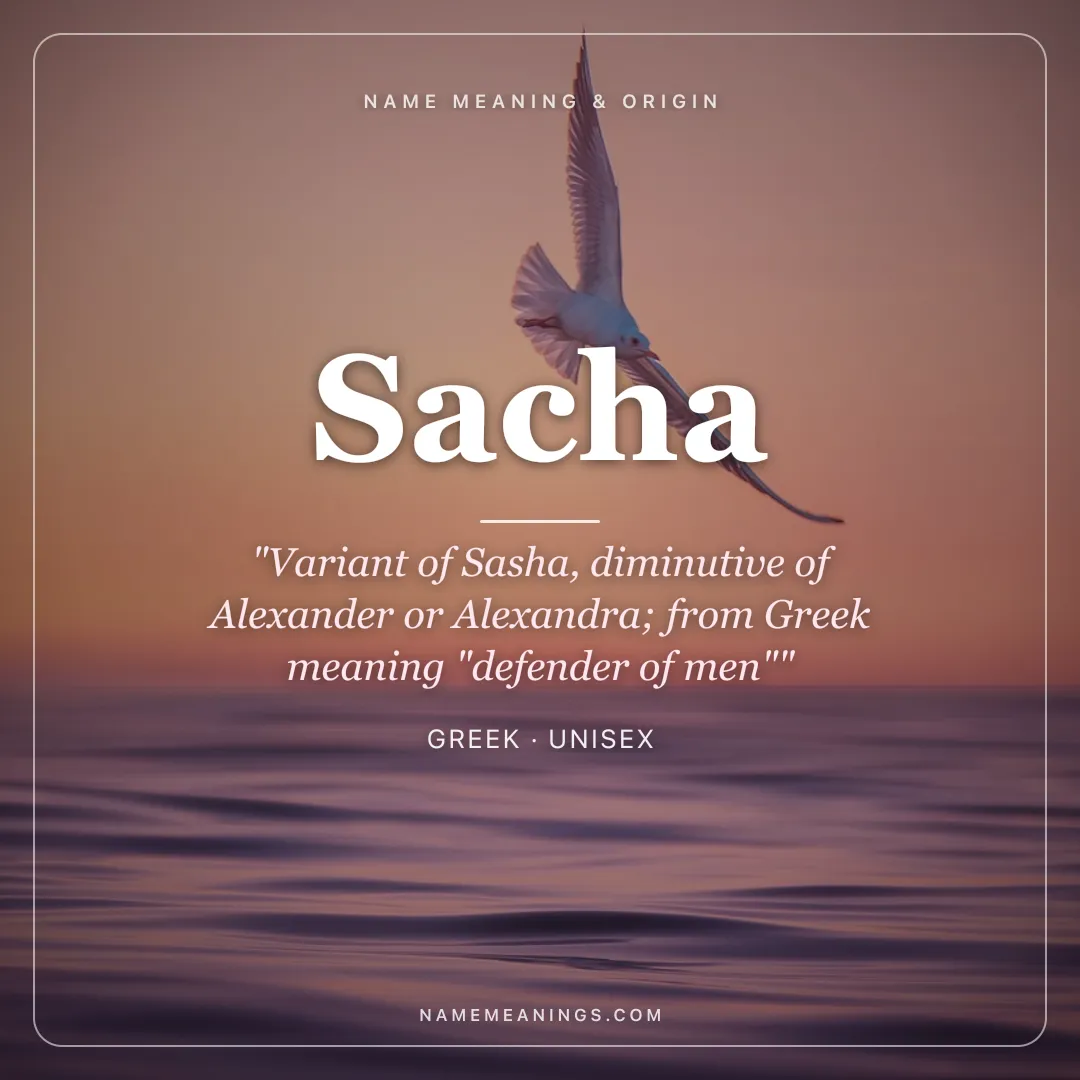 Sacha name meaning "Variant of Sasha, diminutive of Alexander or Alexandra; from Greek meaning "defender of men"" - Greek unisex name share card | NameMeanings