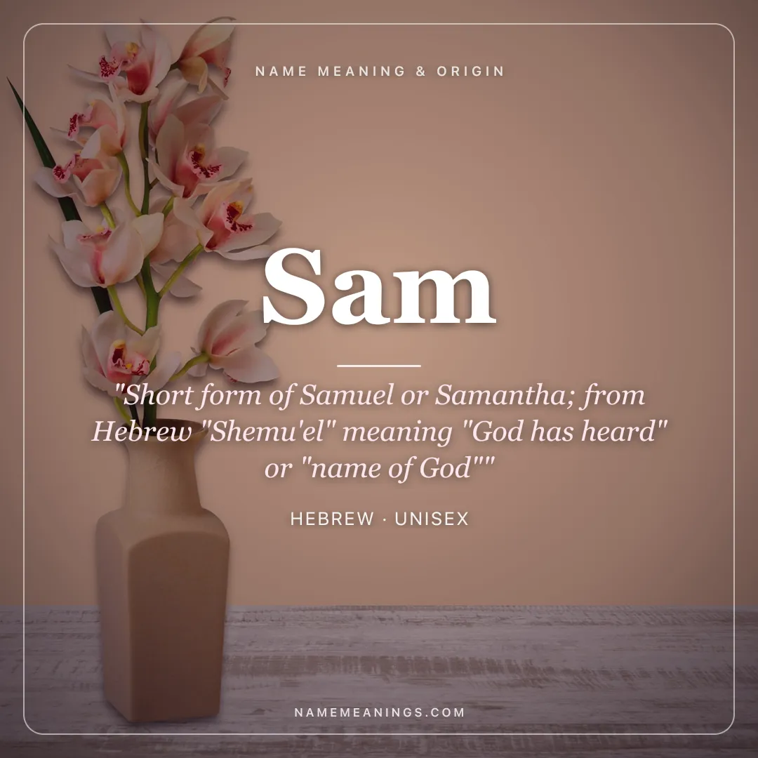 Sam name meaning "Short form of Samuel or Samantha; from Hebrew "Shemu'el" meaning "God has heard" or "name of God"" - Hebrew unisex name share card | NameMeanings