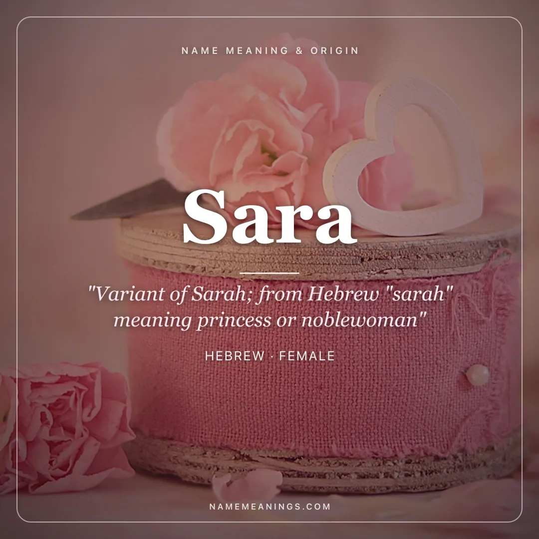 Sara name meaning "Variant of Sarah; from Hebrew "sarah" meaning princess or noblewoman" - Hebrew female name share card | NameMeanings