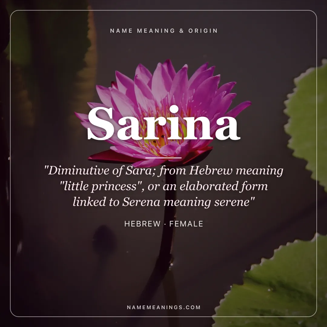 Sarina name meaning "Diminutive of Sara; from Hebrew meaning "little princess", or an elaborated form linked to Serena meaning serene" - Hebrew female name share card | NameMeanings