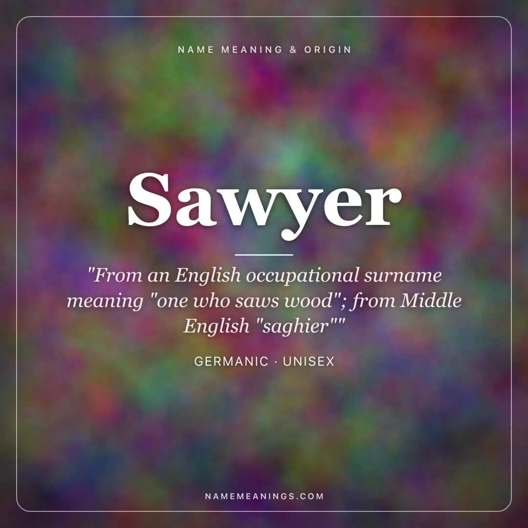 Sawyer name meaning "From an English occupational surname meaning "one who saws wood"; from Middle English "saghier"" - Germanic unisex name share card | NameMeanings
