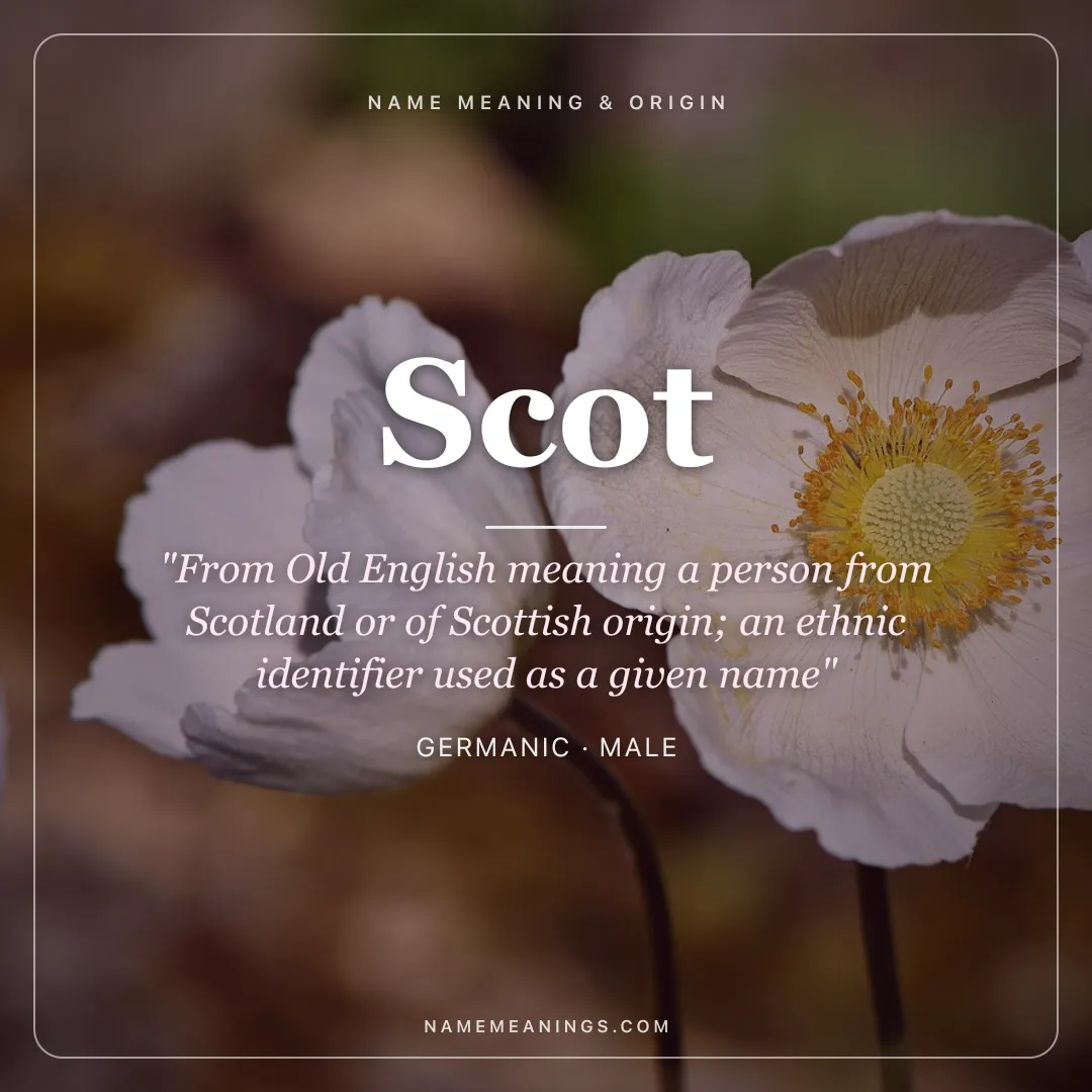 Scot name meaning "From Old English meaning a person from Scotland or of Scottish origin; an ethnic identifier used as a given name" - Germanic male name share card | NameMeanings
