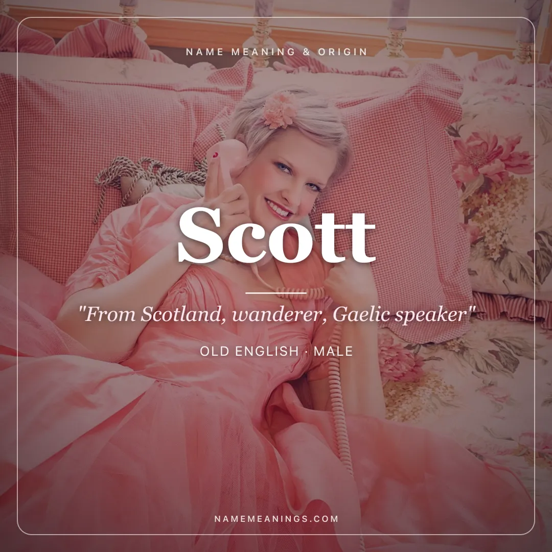Scott name meaning "From Scotland, wanderer, Gaelic speaker" - Old English, Gaelic male name share card | NameMeanings