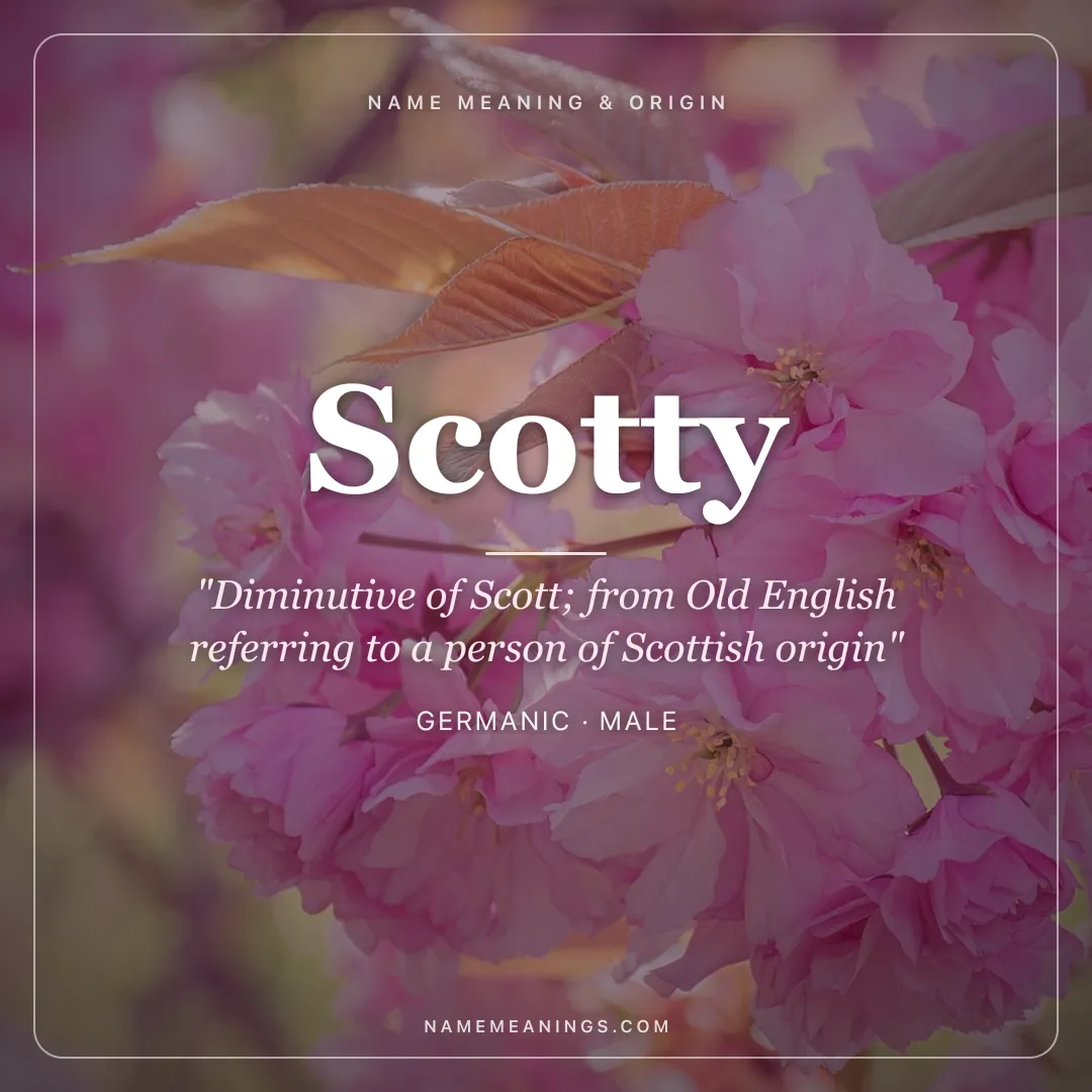 Scotty name meaning "Diminutive of Scott; from Old English referring to a person of Scottish origin" - Germanic male name share card | NameMeanings