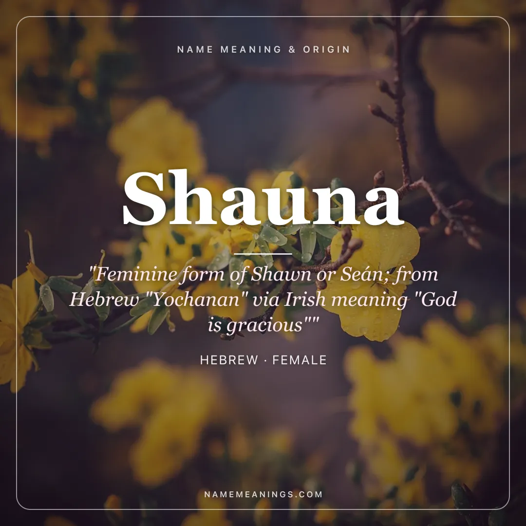 Shauna name meaning "Feminine form of Shawn or Seán; from Hebrew "Yochanan" via Irish meaning "God is gracious"" - Hebrew female name share card | NameMeanings