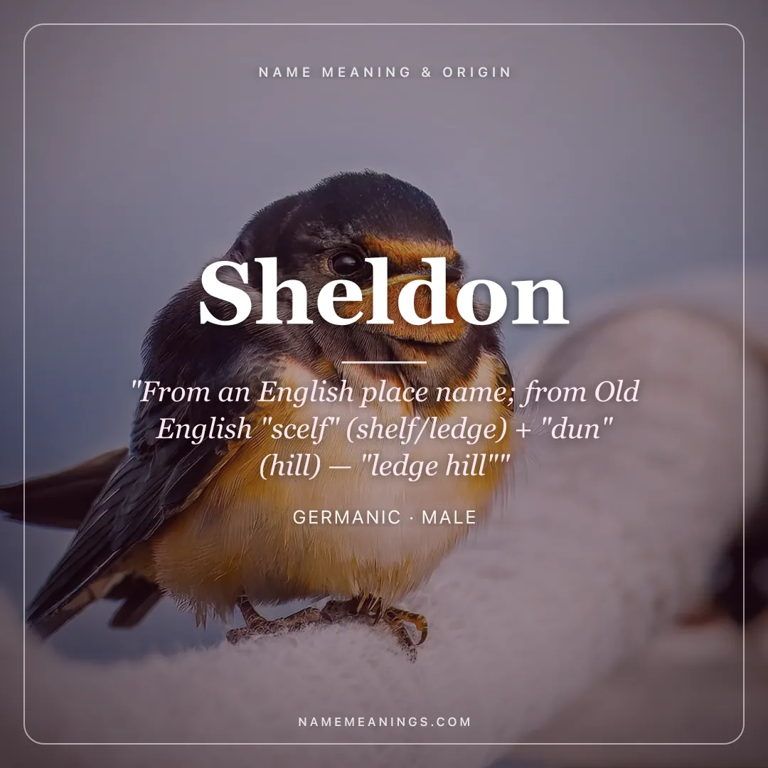 Sheldon name meaning "From an English place name; from Old English "scelf" (shelf/ledge) + "dun" (hill) — "ledge hill"" - Germanic male name share card | NameMeanings