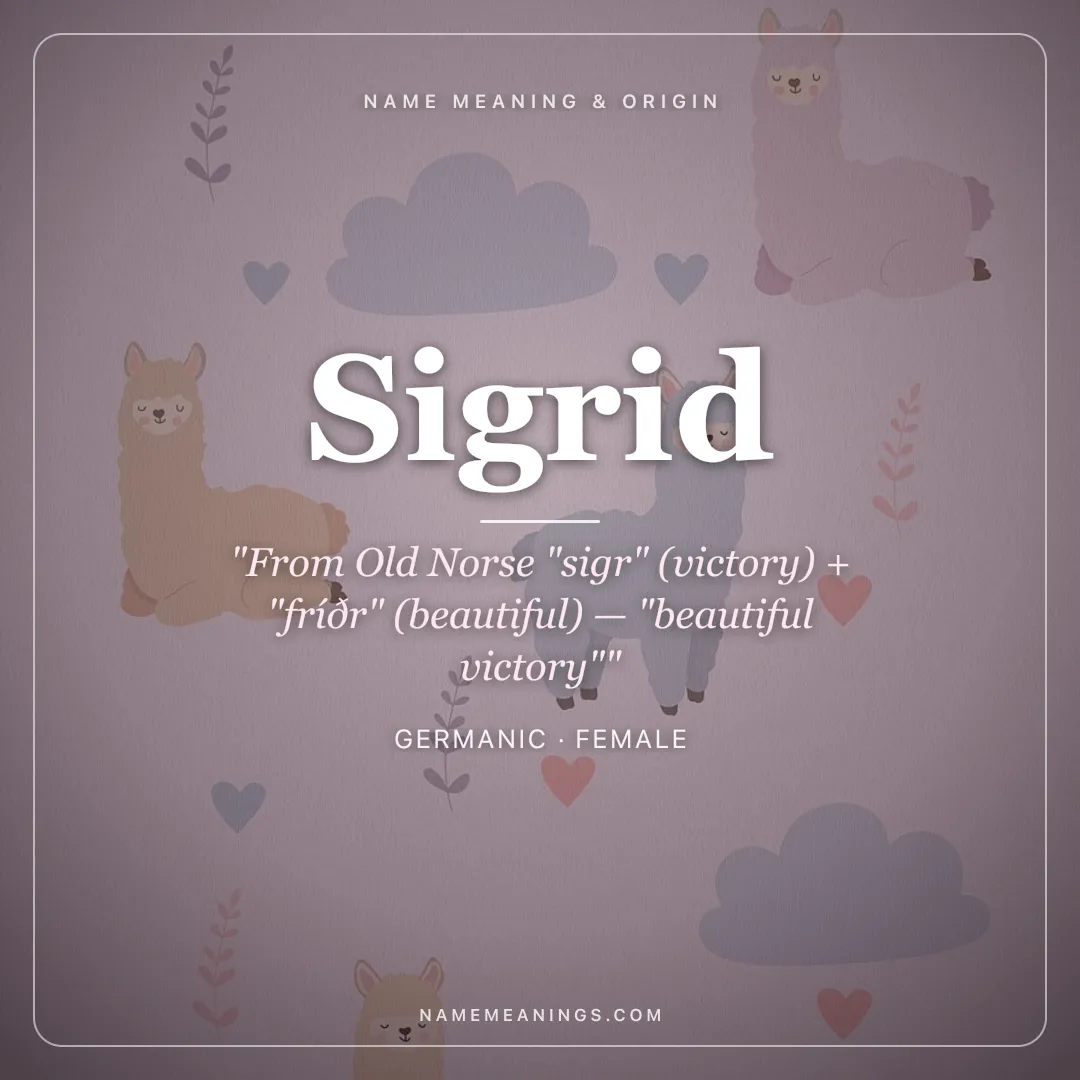 Sigrid name meaning "From Old Norse "sigr" (victory) + "fríðr" (beautiful) — "beautiful victory"" - Germanic female name share card | NameMeanings
