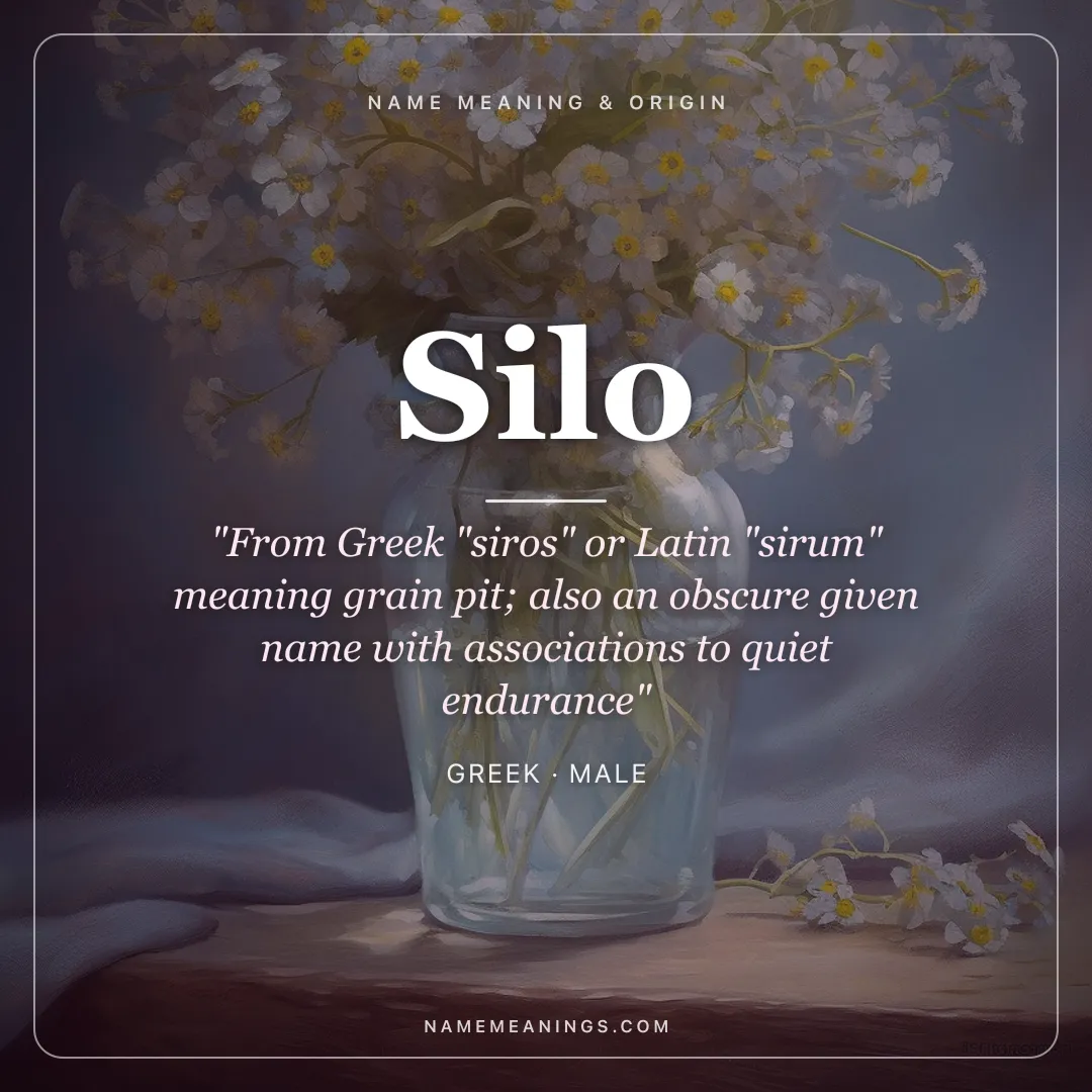 Silo name meaning "From Greek "siros" or Latin "sirum" meaning grain pit; also an obscure given name with associations to quiet endurance" - Greek male name share card | NameMeanings
