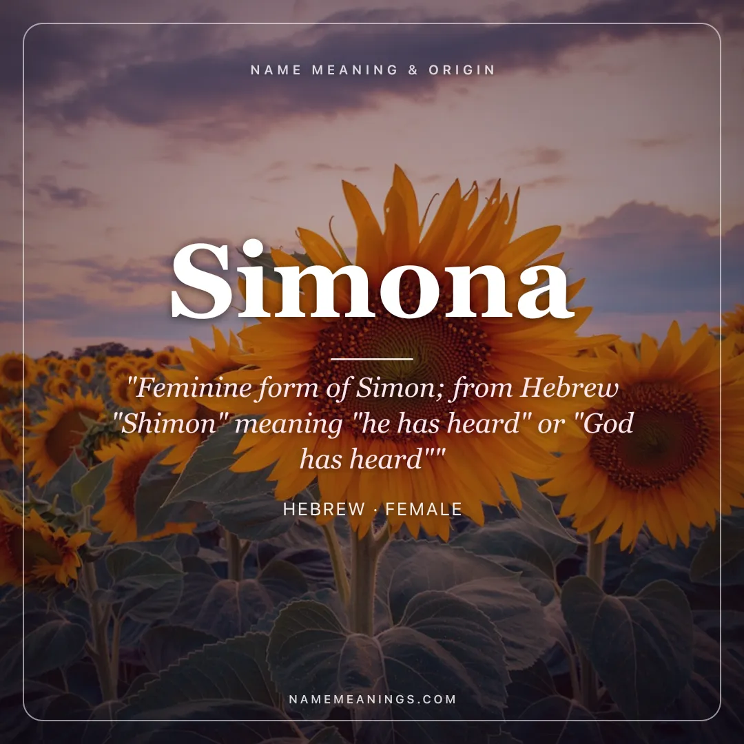Simona name meaning "Feminine form of Simon; from Hebrew "Shimon" meaning "he has heard" or "God has heard"" - Hebrew female name share card | NameMeanings