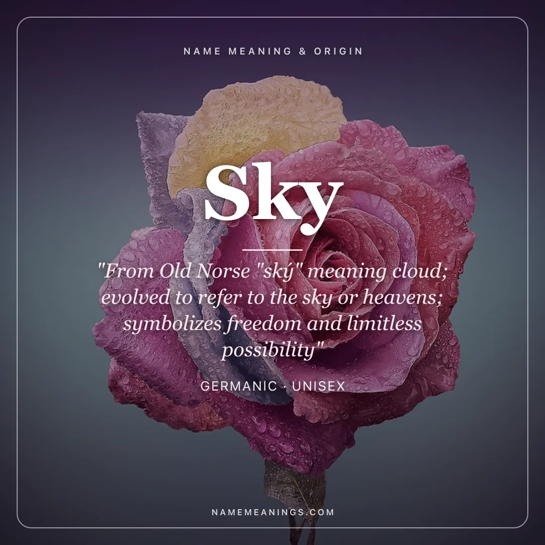 Sky name meaning "From Old Norse "ský" meaning cloud; evolved to refer to the sky or heavens; symbolizes freedom and limitless possibility" - Germanic unisex name share card | NameMeanings