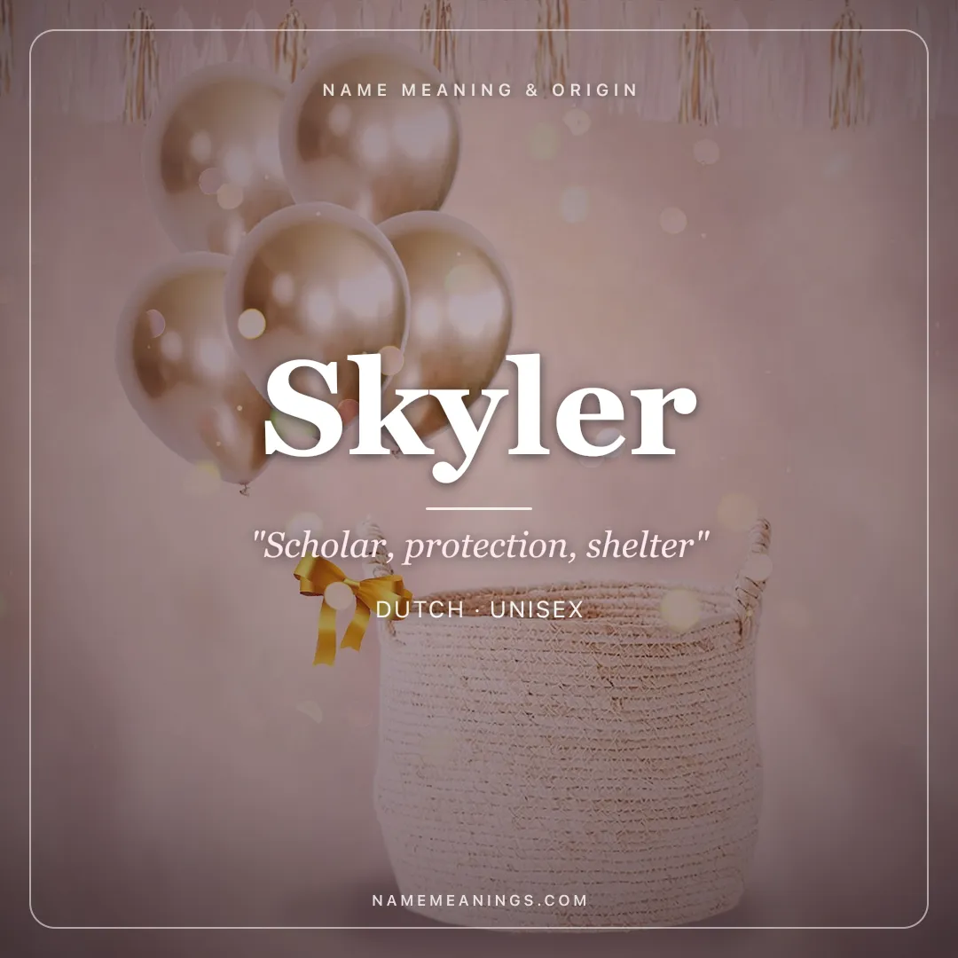 Skyler name meaning "Scholar, protection, shelter" - Dutch unisex name share card | NameMeanings