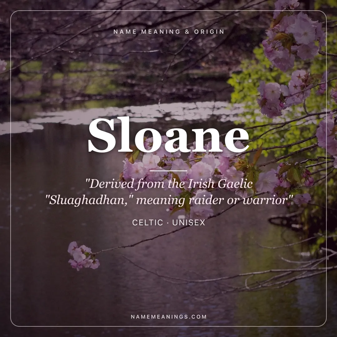 Sloane name meaning "Derived from the Irish Gaelic "Sluaghadhan," meaning raider or warrior" - Celtic unisex name share card | NameMeanings
