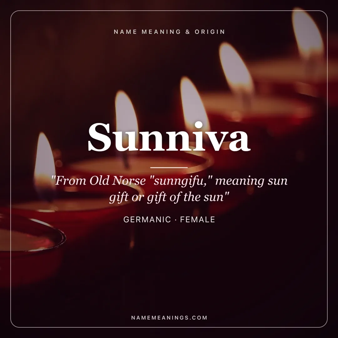 Sunniva name meaning "From Old Norse "sunngifu," meaning sun gift or gift of the sun" - Germanic female name share card | NameMeanings