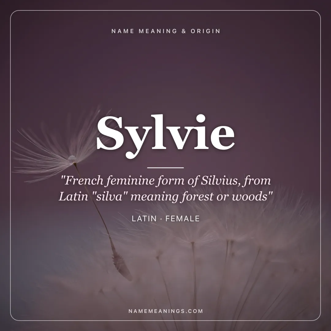 Sylvie name meaning "French feminine form of Silvius, from Latin "silva" meaning forest or woods" - Latin female name share card | NameMeanings