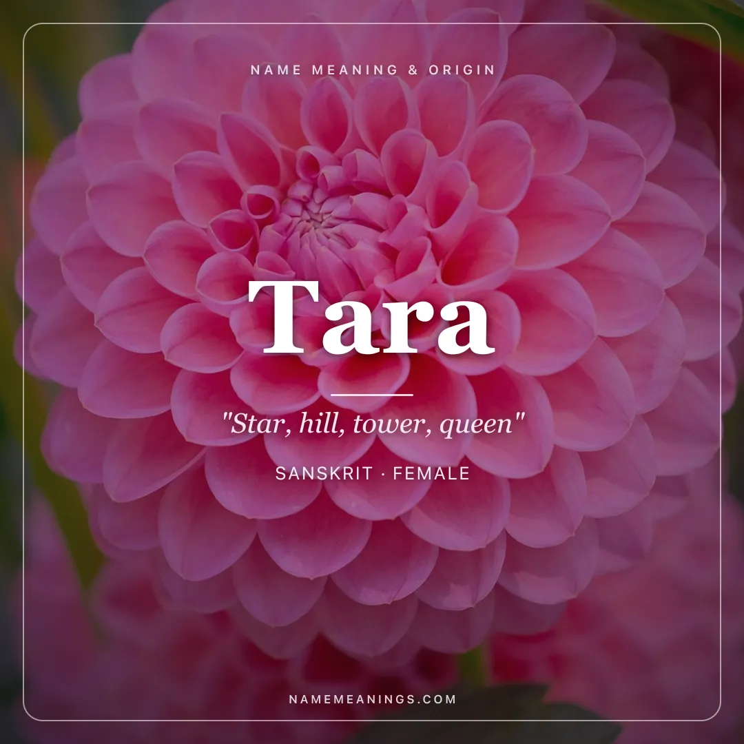 Tara name meaning "Star, hill, tower, queen" - Sanskrit, Irish Gaelic female name share card | NameMeanings