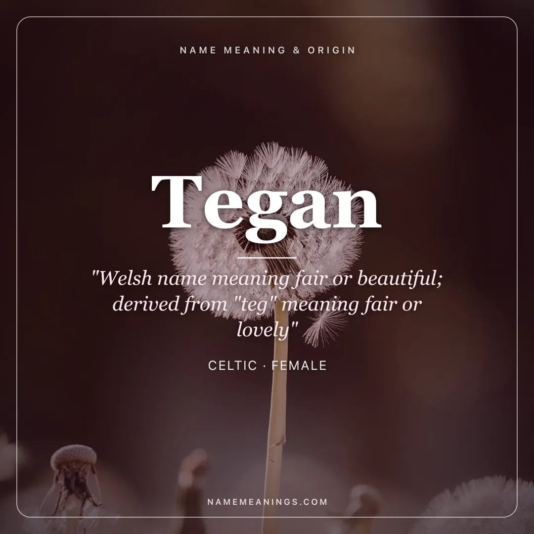 Tegan name meaning "Welsh name meaning fair or beautiful; derived from "teg" meaning fair or lovely" - Celtic female name share card | NameMeanings