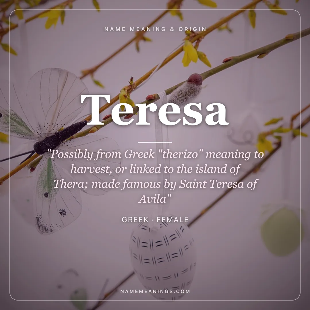 Teresa name meaning "Possibly from Greek "therizo" meaning to harvest, or linked to the island of Thera; made famous by Saint Teresa of Avila" - Greek female name share card | NameMeanings