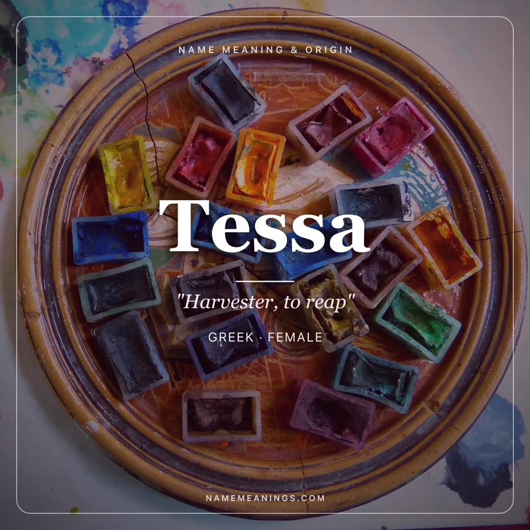 Tessa name meaning "Harvester, to reap" - Greek, English female name share card | NameMeanings