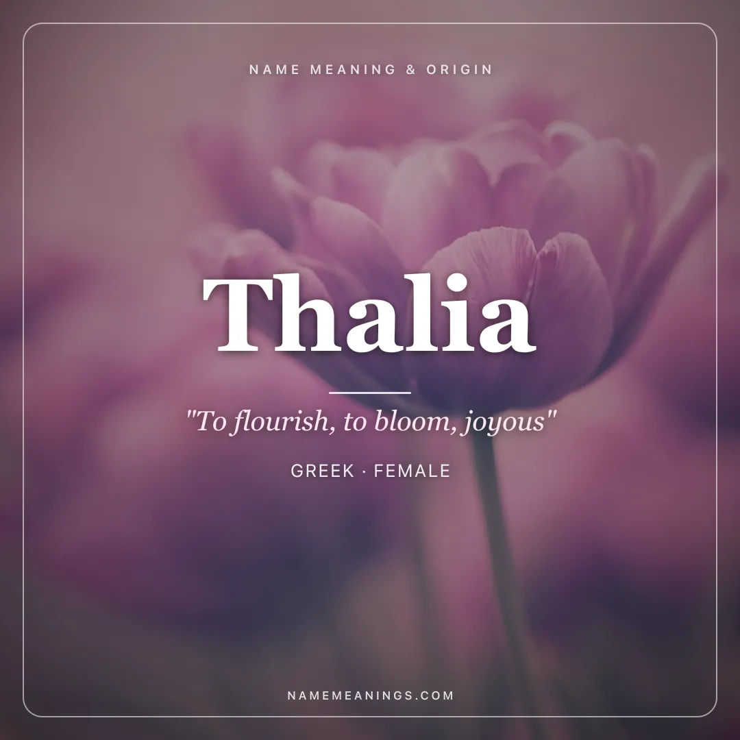 Thalia name meaning "To flourish, to bloom, joyous" - Greek female name share card | NameMeanings