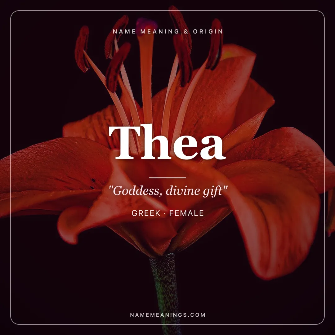 Thea name meaning "Goddess, divine gift" - Greek female name share card | NameMeanings