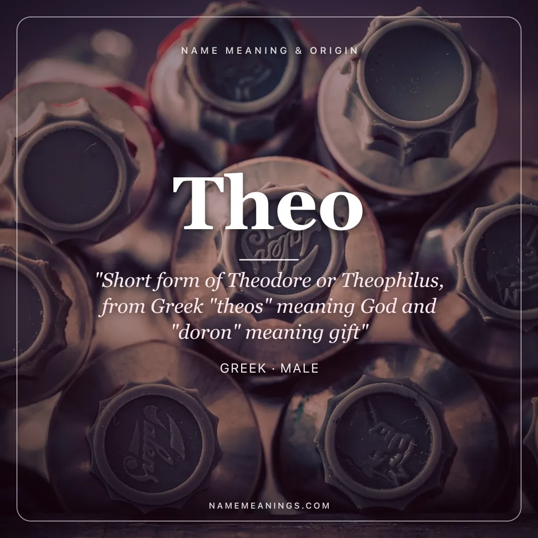 Theo name meaning "Short form of Theodore or Theophilus, from Greek "theos" meaning God and "doron" meaning gift" - Greek male name share card | NameMeanings