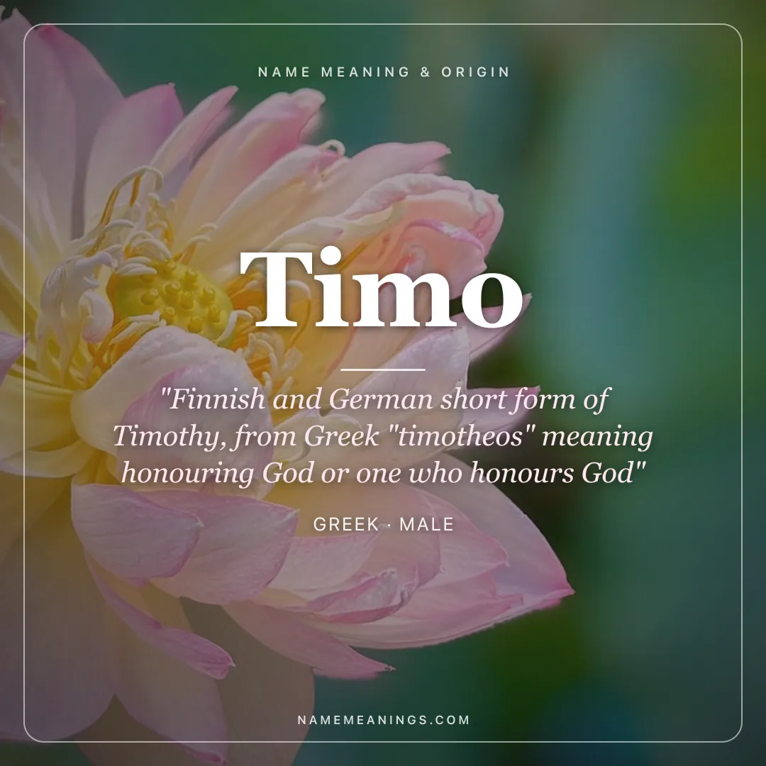 Timo name meaning "Finnish and German short form of Timothy, from Greek "timotheos" meaning honouring God or one who honours God" - Greek male name share card | NameMeanings