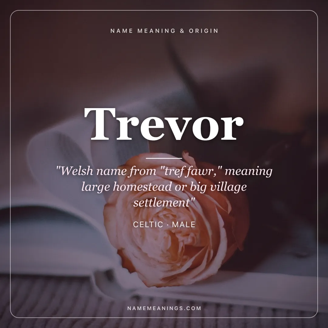 Trevor name meaning "Welsh name from "tref fawr," meaning large homestead or big village settlement" - Celtic male name share card | NameMeanings