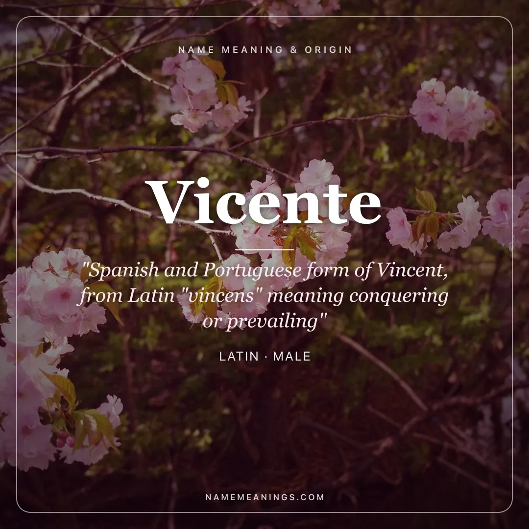 Vicente name meaning "Spanish and Portuguese form of Vincent, from Latin "vincens" meaning conquering or prevailing" - Latin male name share card | NameMeanings