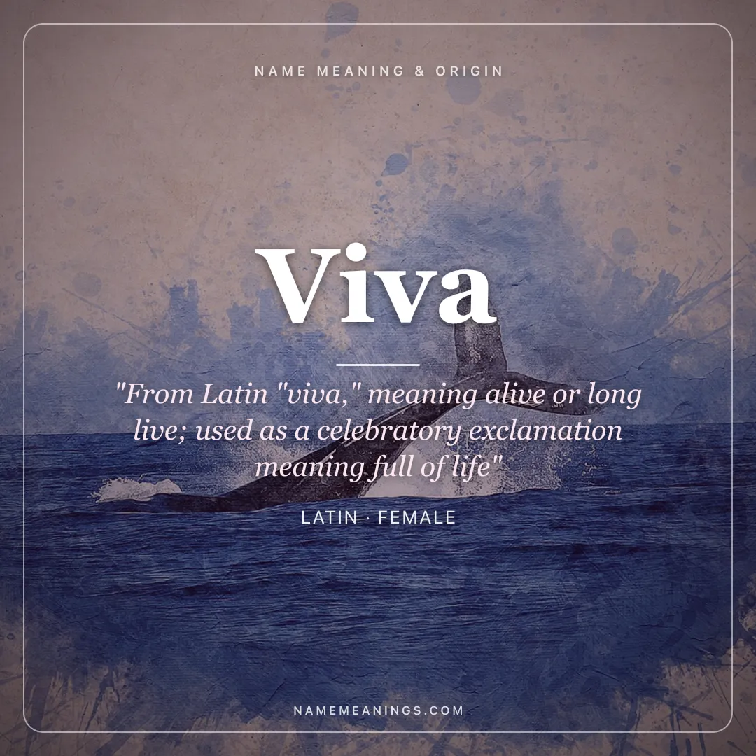 Viva name meaning "From Latin "viva," meaning alive or long live; used as a celebratory exclamation meaning full of life" - Latin female name share card | NameMeanings