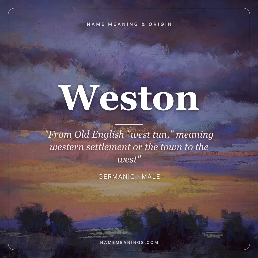 Weston name meaning "From Old English "west tun," meaning western settlement or the town to the west" - Germanic male name share card | NameMeanings