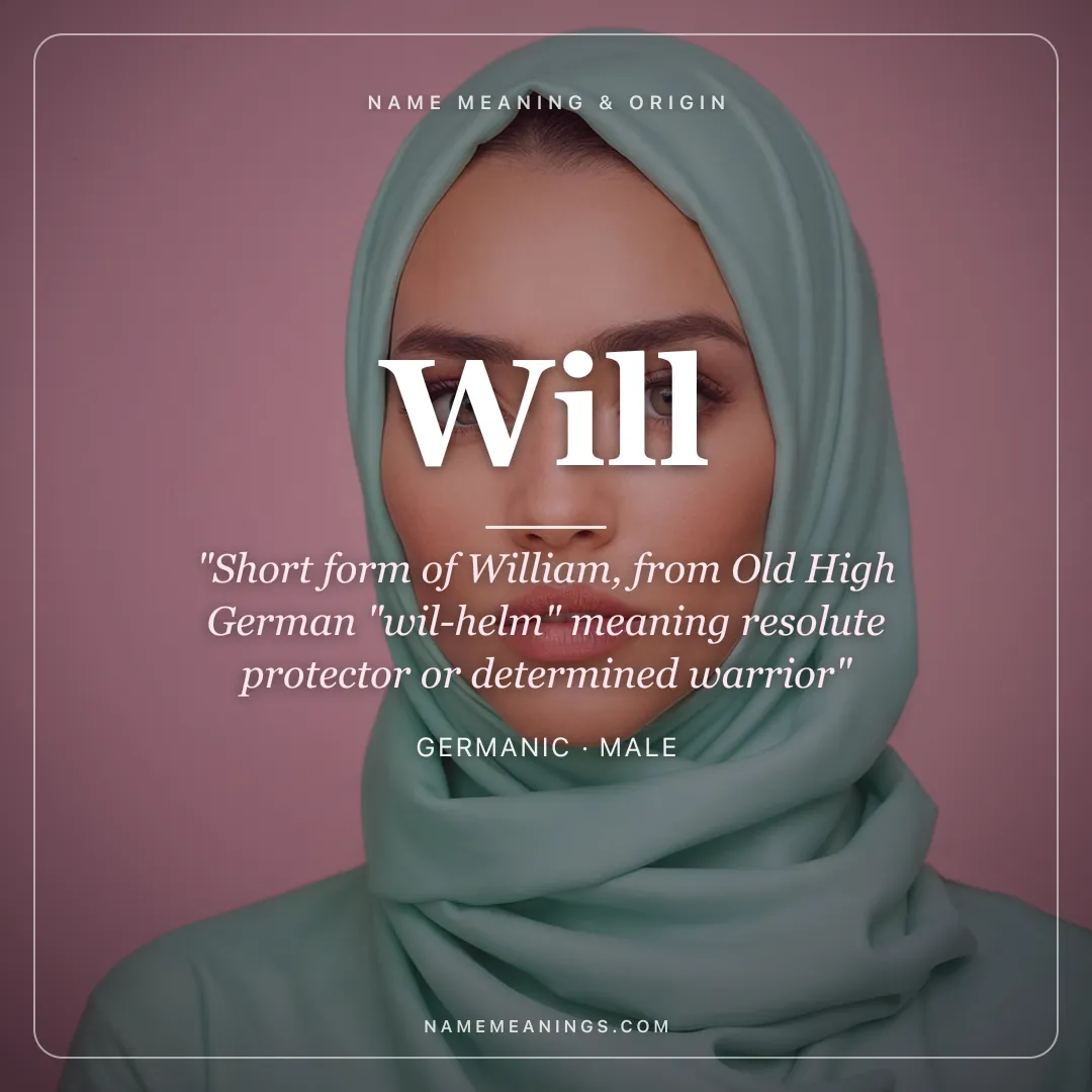 Will name meaning "Short form of William, from Old High German "wil-helm" meaning resolute protector or determined warrior" - Germanic male name share card | NameMeanings