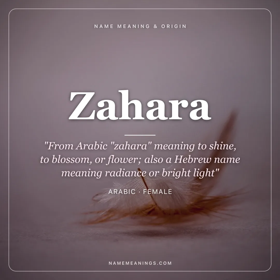 Zahara name meaning "From Arabic "zahara" meaning to shine, to blossom, or flower; also a Hebrew name meaning radiance or bright light" - Arabic female name share card | NameMeanings