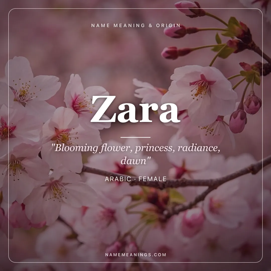 Zara name meaning "Blooming flower, princess, radiance, dawn" - Arabic, Hebrew female name share card | NameMeanings