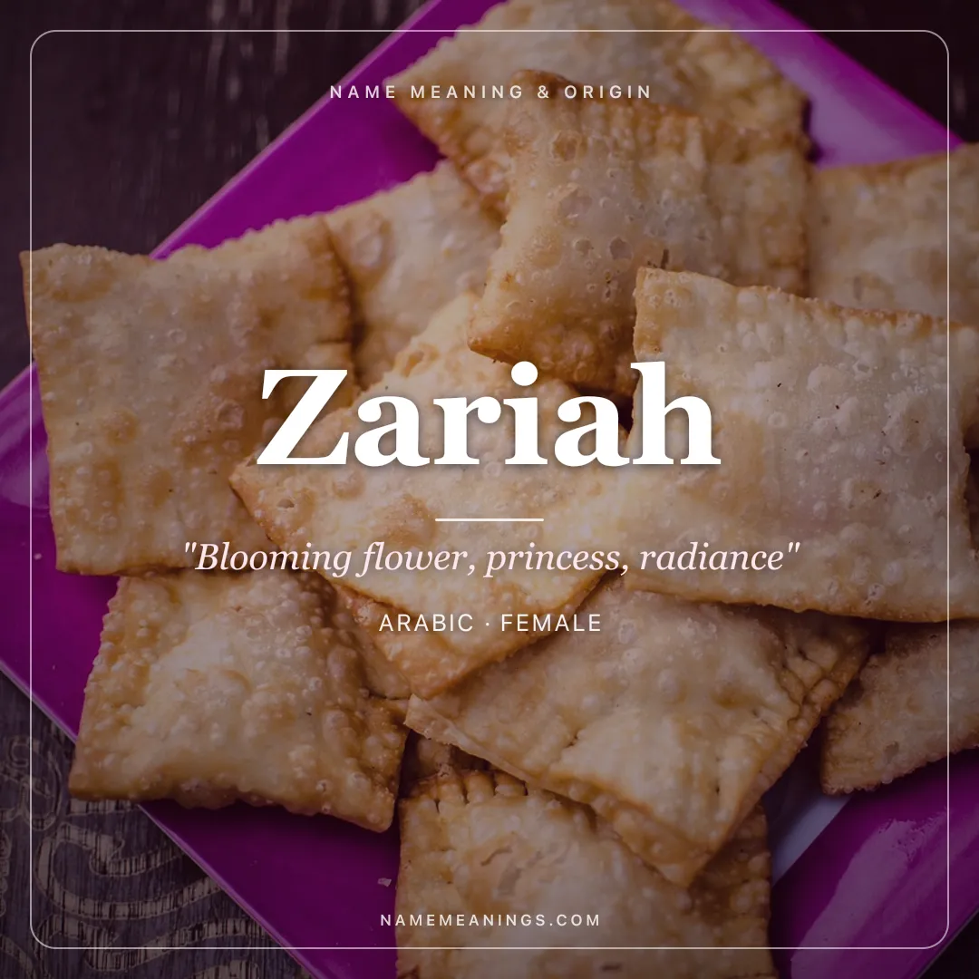 Zariah name meaning "Blooming flower, princess, radiance" - Arabic, Hebrew female name share card | NameMeanings
