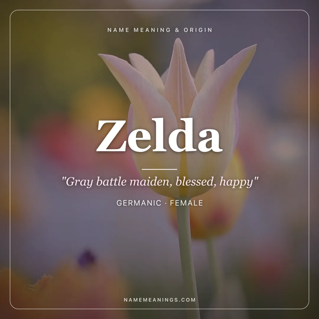 Zelda name meaning "Gray battle maiden, blessed, happy" - Germanic, Yiddish female name share card | NameMeanings