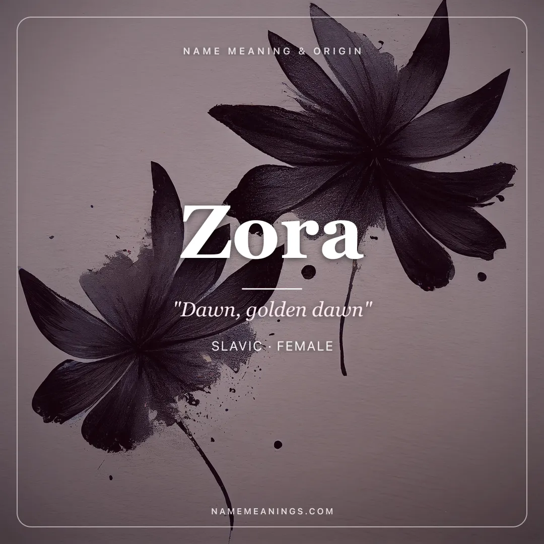 Zora name meaning "Dawn, golden dawn" - Slavic, Arabic female name share card | NameMeanings